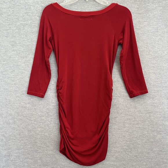Michael Stars Ruched Bodycon Dress Size S 3/4 Sleeve VNeck Mini Stretch Deep Red - Picture 4 of 12